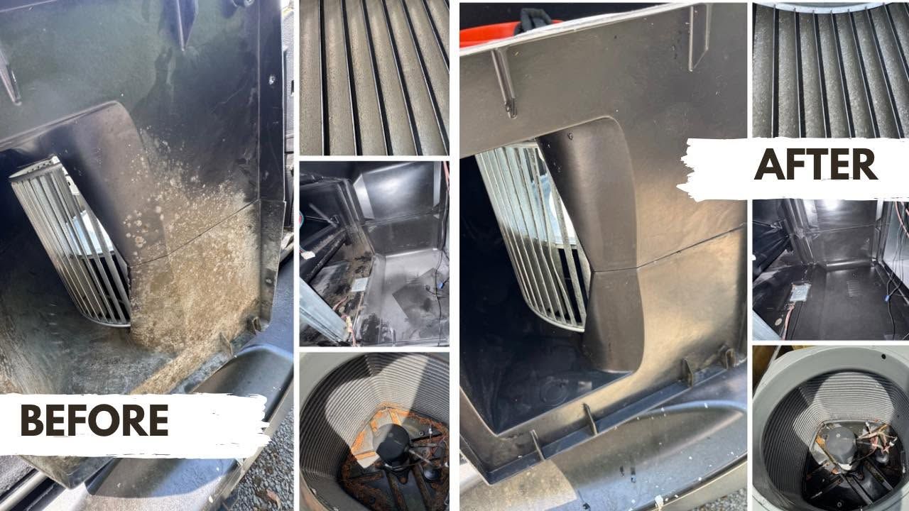 Before and after photos of a unit interior, blower wheel and outdoor coil after a deep cleaning